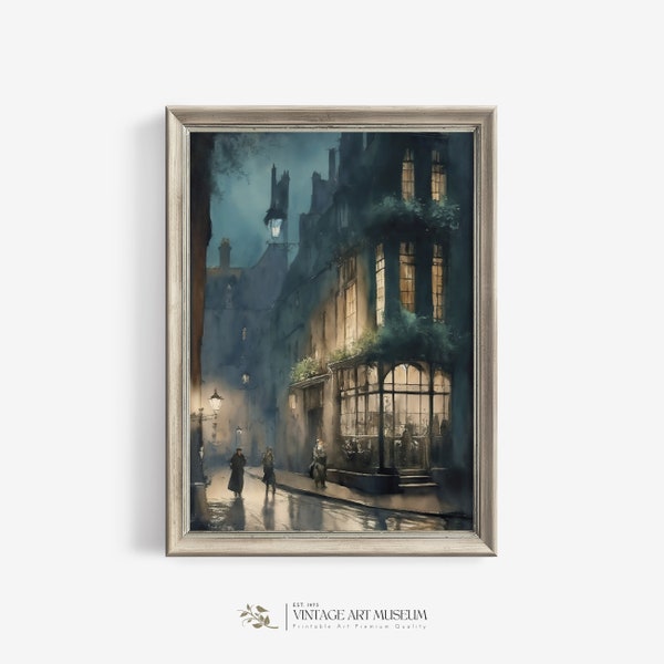 Night in Old London England - Dark Art City Architecture Antique Watercolor - Vintage Wall Art Printable and Downloadable | 551