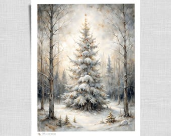 Forest Christmas Tree Snowy Scene | Vintage Style Winter Landscape Printable Wall Art | Digital Oil Painting Cottagecore Holiday Decor | 288