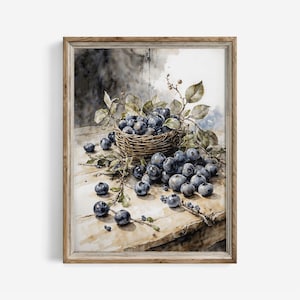 Vintage Blueberry-aquarelprint: Franse landelijke keukenkunst (digitale download) | 04