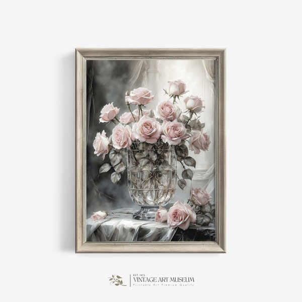 Pink Roses in Crystal Vase Print Vintage Floral Wall Art Light Academia Decor Watercolor Still Life Printable Art Digital Downloadable | 463