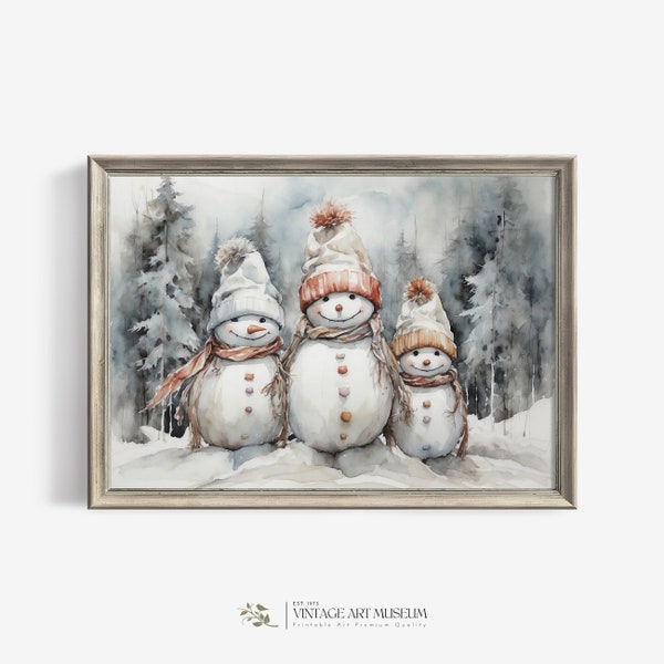 Vintage Сhristmas Watercolor Snowman Painting Wall Art | Rustic Cottagecore Decor | Printable Art Winter Wonderland Decorations | 469