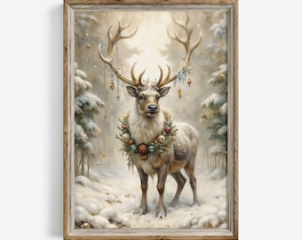 Noble Reindeer Winter Print Large Christmas Wall Art | Vintage Oil Painting Printable Digital | Downloadable Cottagecore Holiday Decor | 348