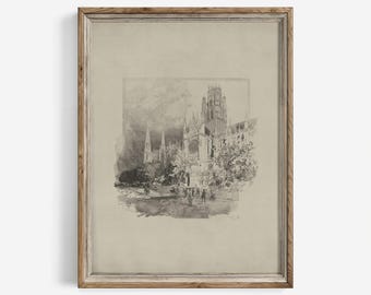 フランスの城の鉛筆スケッチ：ヴィンテージ城の壁アート（デジタル
