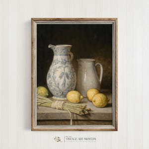 Traditional Still Life Lemons & Vases Print | Country Farmhouse Kitchen Wall Art | Vintage Style Muted Cottagecore Decor Artwork | 752