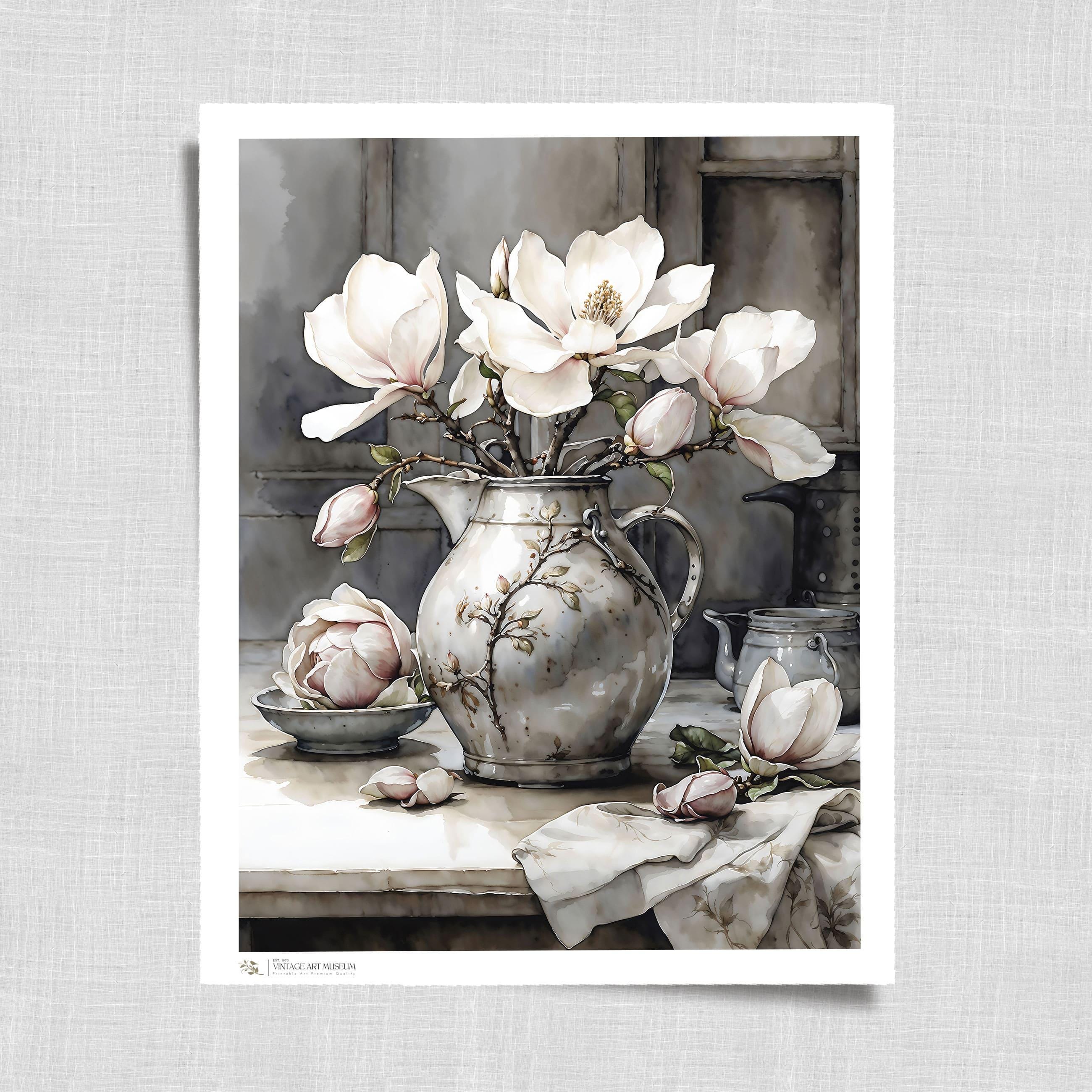 Magnolia Flowers Still Life Print | Vintage Style Art Watercolor | Downloadable Wall Decor Cottagecore Housewarming | 505