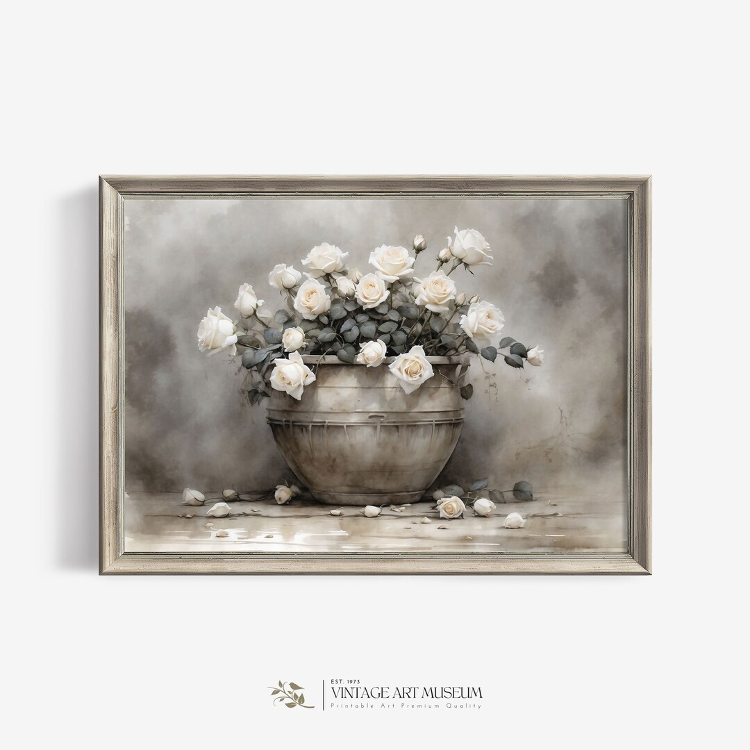 White Roses Antique Painting Vintage Moody Print Large Still Life ...