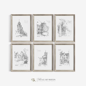 Vintage Architecture Sketch Art Gallery Wall Set Of 6  Prints | Antique Drawing French Country Decor | Printable Downloadable | S6-4