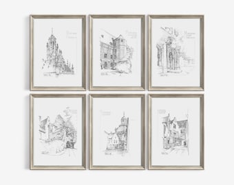 Vintage Architecture Sketch Art Gallery Wall Set Of 6  Prints | Antique Drawing French Country Decor | Printable Downloadable | S6-4