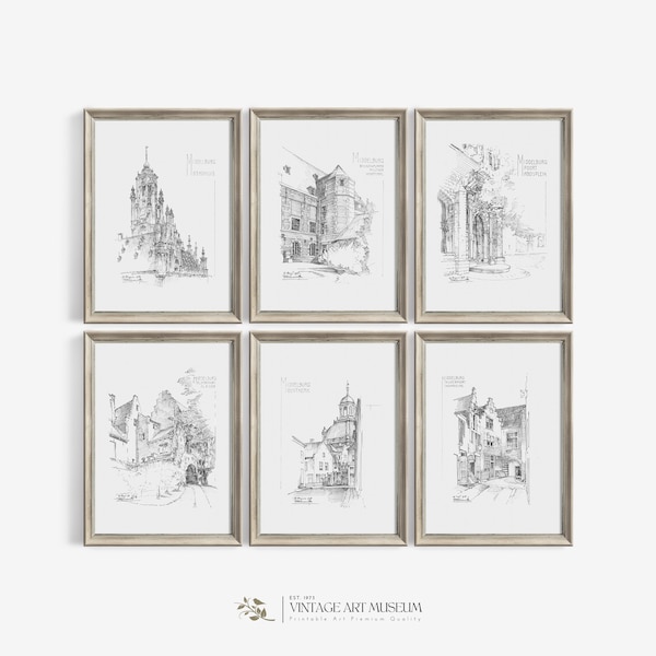 Vintage Architecture Sketch Art Gallery Wall Set Of 6  Prints | Antique Drawing French Country Decor | Printable Downloadable | S6-4