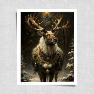 Weihnachten Hirsch Winter Kunst Druck - Stimmungsvolles Vintage Stil Digitales Ölgemälde für Gemütliche Cottagecore Rustikale Weihnachtsdeko | 570