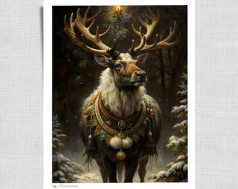 Dark Christmas Deer Winter Wall Art Print | Moody Vintage Style Digital Oil Painting for Cozy Dark Cottagecore Rustic Holiday Decor | 570
