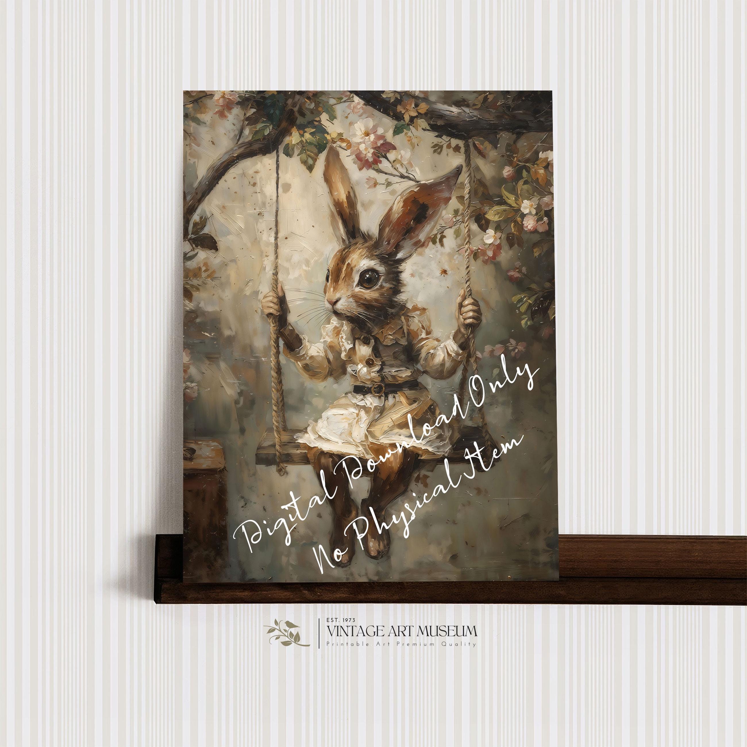Vintage Bunny on Swing Print: Fairytale Easter Wall Art Cozy Decor