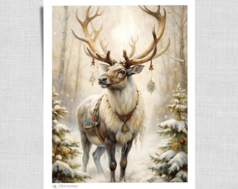 Vintage Christmas Deer of Santa Painting Wall Art Print, Warm Tone Cozy Holiday Decor, Winter Digital Artwork | Printable Downloadable | 537