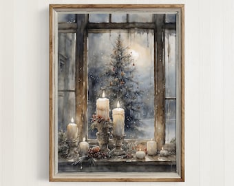 Rustic Christmas Wall Art Candles Painting | Printable Vintage Holiday Decor | Winter Still Life Artwork | Digital Downloadable Print | 377