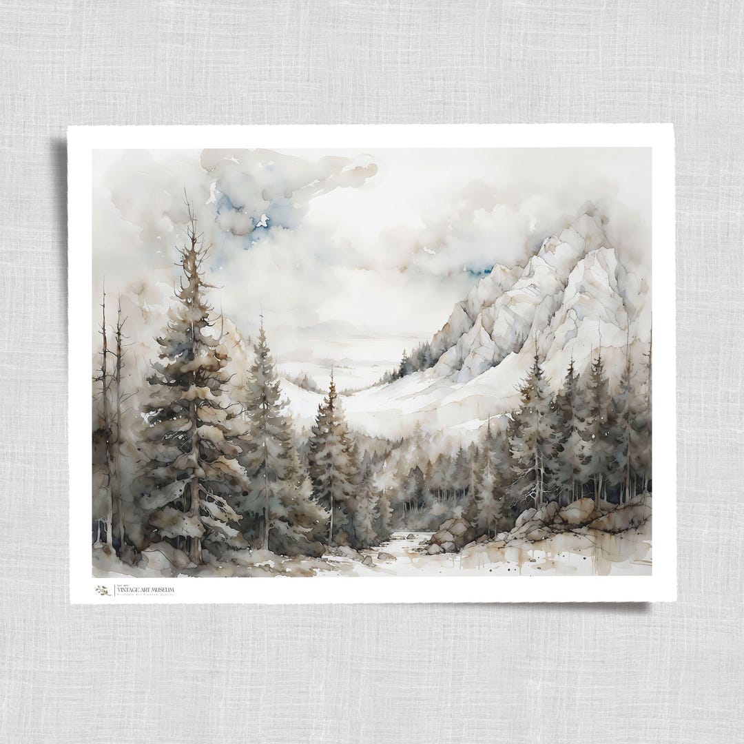 Winter Pine Forest Landscape Painting Vintage Wall Art | Rustic ...