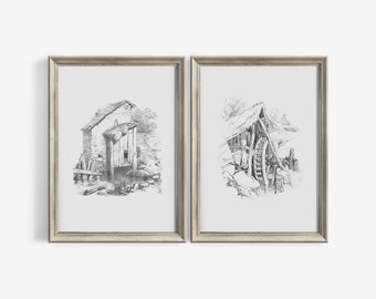 Village Sketch Prints Antique Home Pencil Drawing - Set of 2 Farmhouse Wall Art Printable Room Decor Downloadable | 121