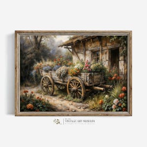 Drewniany wózek na podwórku Vintage Spring Wall Art Print Cyfrowy obraz Krajobraz Wielkanocny i francuski wiejski wystrój domu do wydrukowania | 487