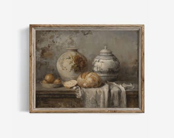 静物画「パンと水差し」プリント：素朴な農家のキッチンアート