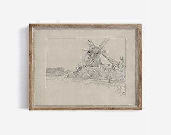 Dutch Windmill Ink Sketch: Antique Waterfront Drawing Rustic Cottagecore Wall Art (Digital) | 103