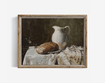 静物画「パンと水差し」プリント：素朴な農家のキッチンアート