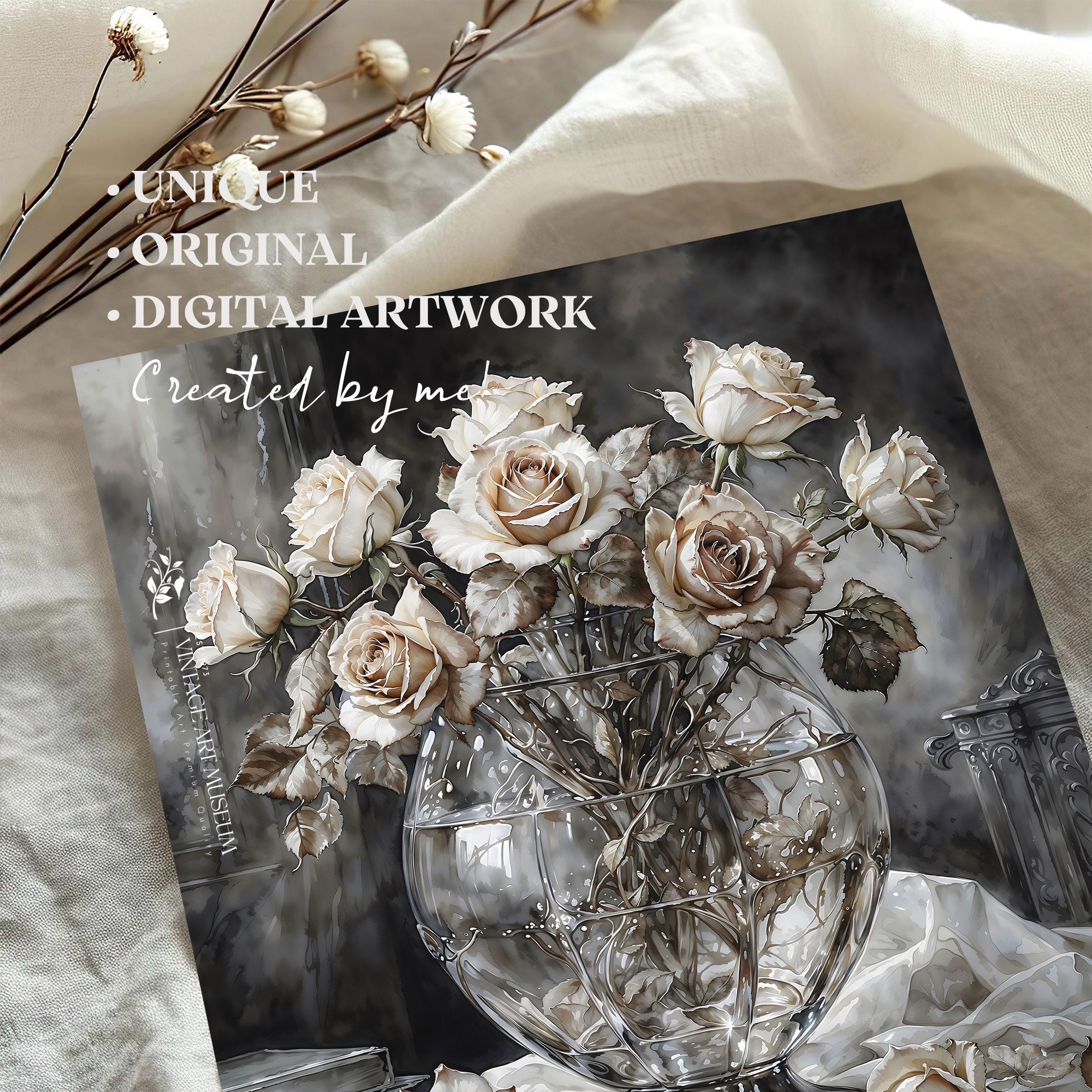 Vintage Roses Still Life Print: Dark Academia Cottagecore Wall Art ...