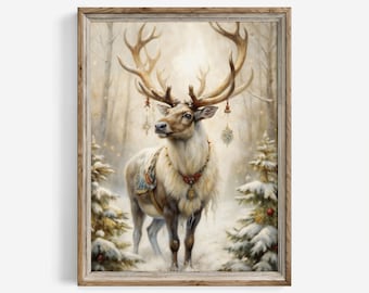 Vintage Christmas Deer Painting: Cozy Holiday Wall Art (Digital Download Printable) | 537
