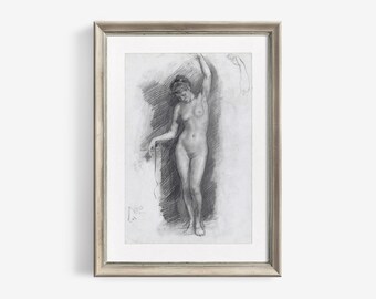 Standing Nude Female Vintage Art Print Sketch Drawing - Minimalist Printable Wall Art Large Rustic Room Decor Digital Downloadable | 259
