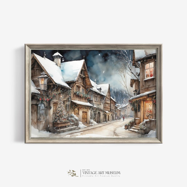 Snowy Village Watercolor Art Print | Vintage German Cityscape | Christmas Wall Decor Printable | 471