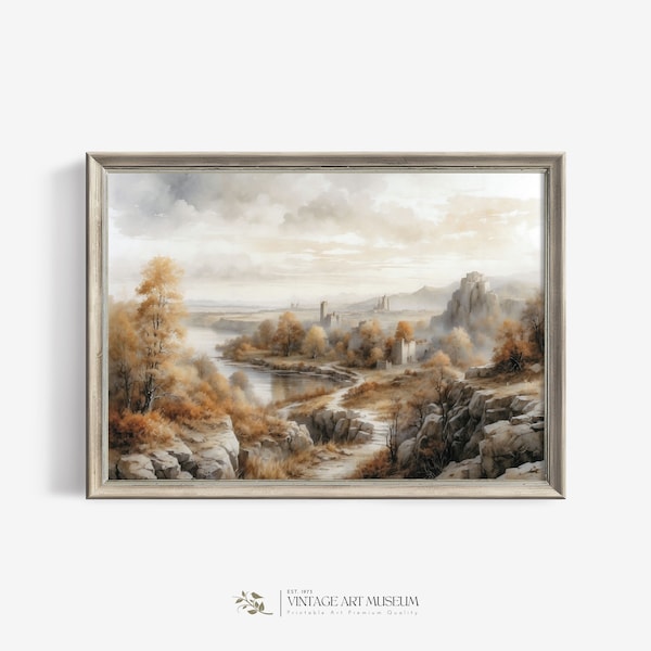 Tranquil River & Majestic Mountains Vintage Autumn Wall Art Print | Watercolor Painting for Rustic Home Decor Digital Downloadable Art | 217