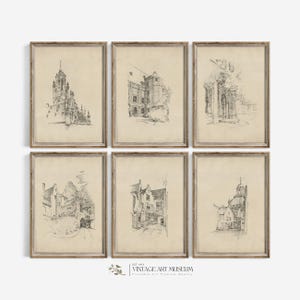 Vintage Architecture Sketch Art Gallery Wall Set Of 6  Prints - Antique Drawing French Country Decor | Printable Downloadable | S6-4