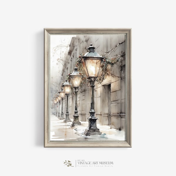 Winter Architecture Watercolor: Vintage Street Lamps | Neutral Christmas Wall Art Printable | 544