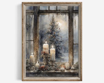Rustic Christmas Candle Painting: Vintage Winter Wall Art (Digital Downloadable Print) | 377