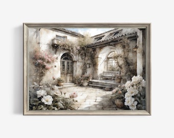 Vintage Garden in the Courtyard Watercolor Art Print Large Moody Spring Painting - Digital Download for Country Farmhouse Wall Decor | 387