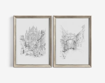 Vintage Architectural Sketch Set of 2 Prints | Neutral Antique Drawing | French Country Wall Art | Printable Decor Downloadable | 459