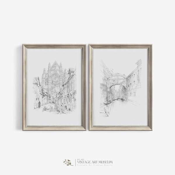 Vintage Architectural Sketch Set of 2 Prints | Neutral Antique Drawing | French Country Wall Art | Printable Decor Downloadable | 459