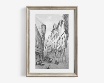 French Architecture Cityscape Sketch - Vintage Wall Art Printable for Neutral Rustic Decor | 429