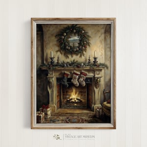 Fireplace Christmas Interior Winter Print - Moody Wall Art | Vintage Style Holiday Decor | Printable Cottagecore Artwork Downloadable | 388