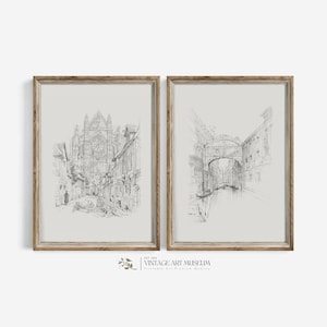 Vintage Architectural Sketch Set of 2 Prints - Neutral Antique Drawing | French Country Wall Art | Printable Decor Downloadable | 459