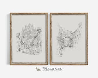 Vintage Architectural Sketch Set of 2 Prints: French Country Wall Art (Digital Download) | 459