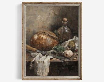 Peinture à l'huile de nature morte de pain rustique : impression d'art de cuisine de ferme (téléchargement numérique) | 732