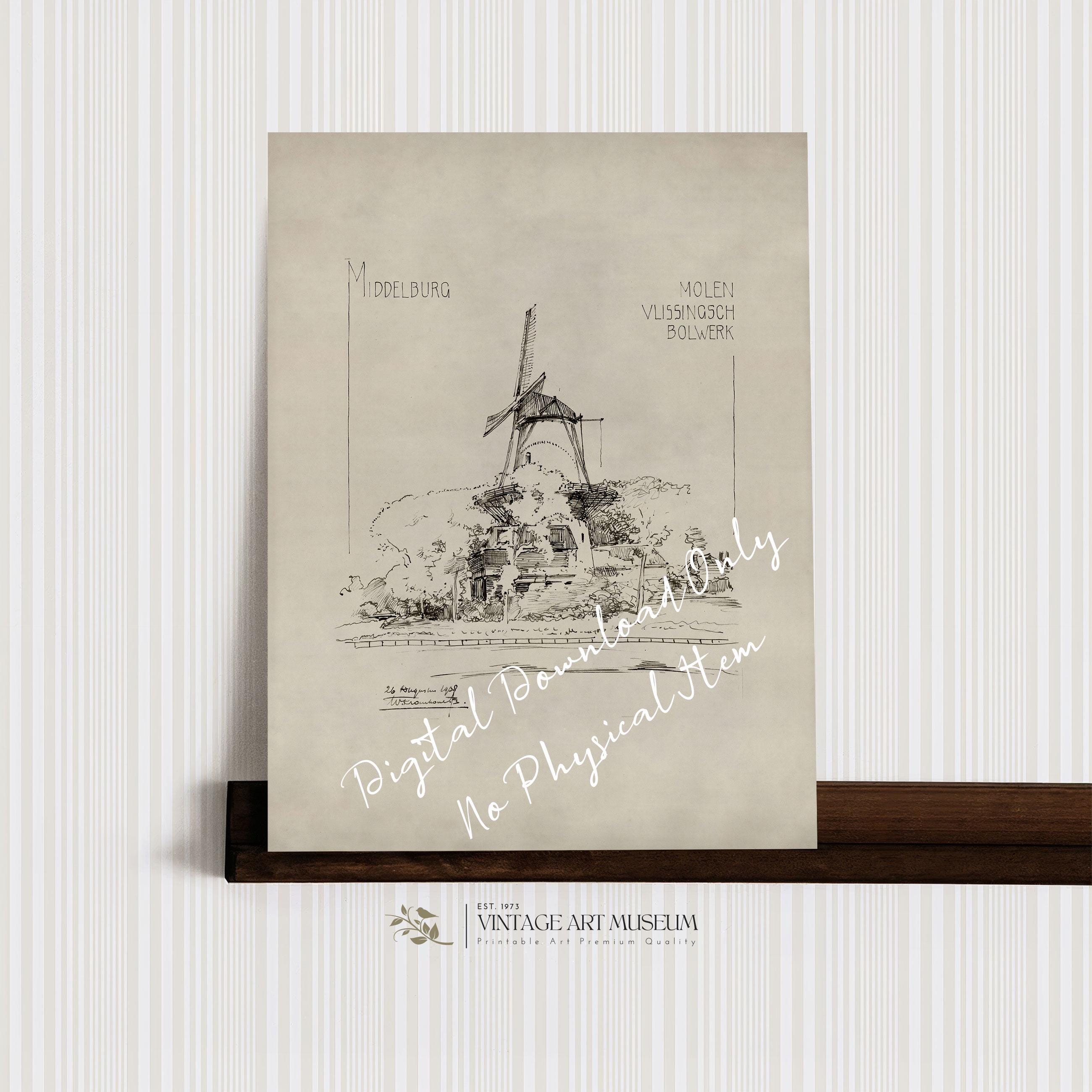 ヴィンテージ インド製 コットンスモック アート ペンキ飛び 生成り ビンテージ Antique Dutch Windmill Sketch Ink Print: Rustic Medieval