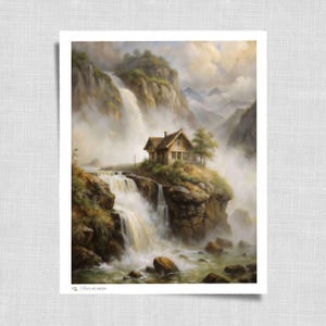 Scandinavian Waterfall Landscape Art | Nordic Cabin Mountain Wall Print | Misty Nature Scenery Digital | 17
