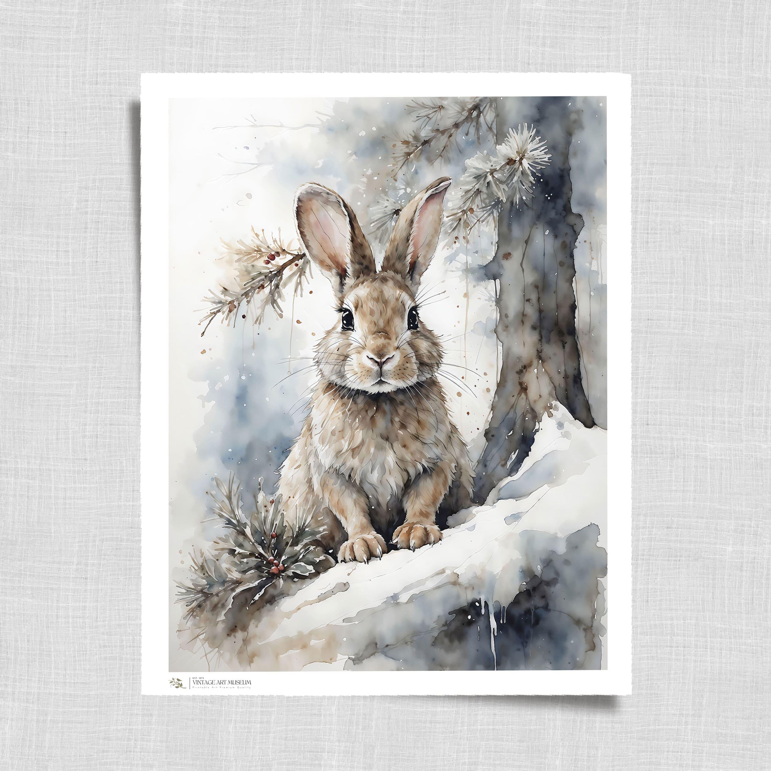 Christmas Bunny Wall Art - Charming Vintage Rabbit Watercolor Painting for Festive Home Decor | Instant Downloadable Printable | 470