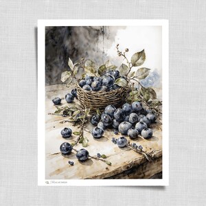 Vintage Blueberry Branch Still Life Watercolor - Muted Berries Print Downloadable Kitchen Wall Art, French Country Cottagecore Decor | 04