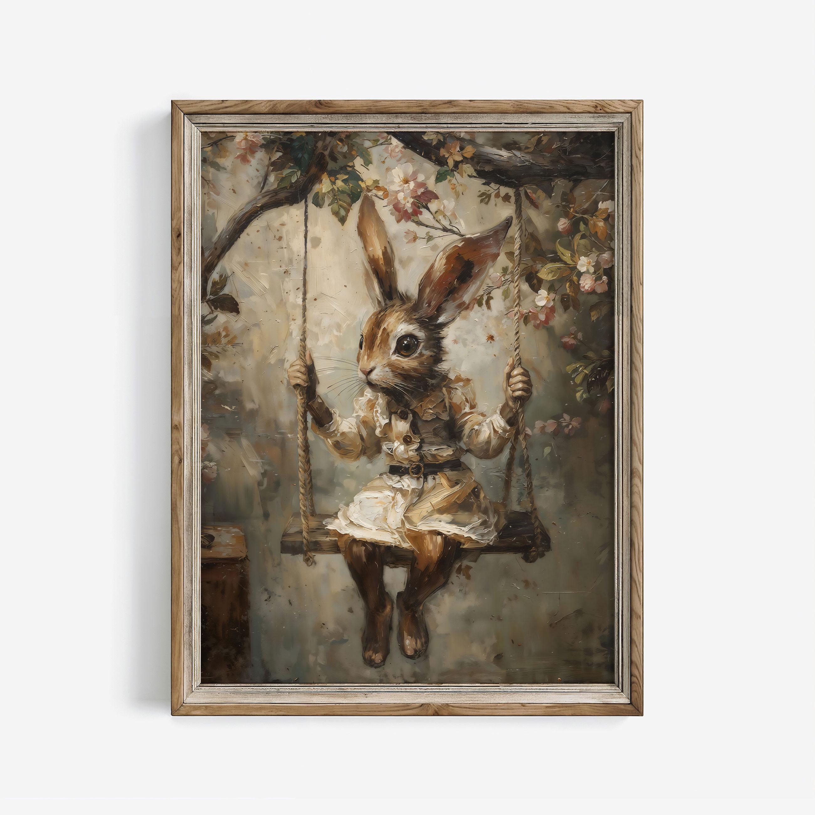 Vintage Bunny on Swing Print: Fairytale Easter Wall Art Cozy Decor