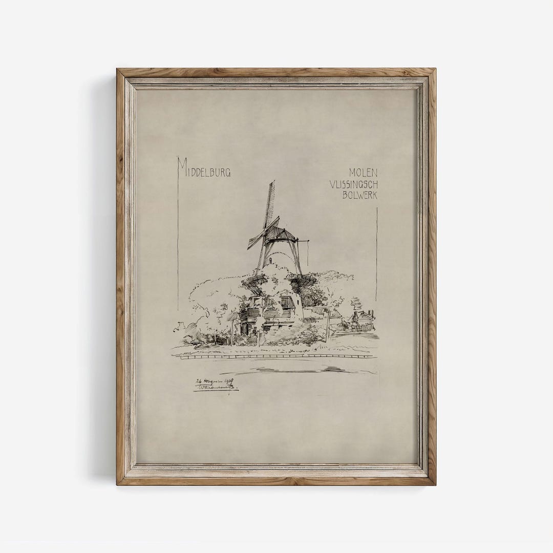 Antique Dutch Windmill Sketch Ink Print: Rustic Medieval Architecture ...