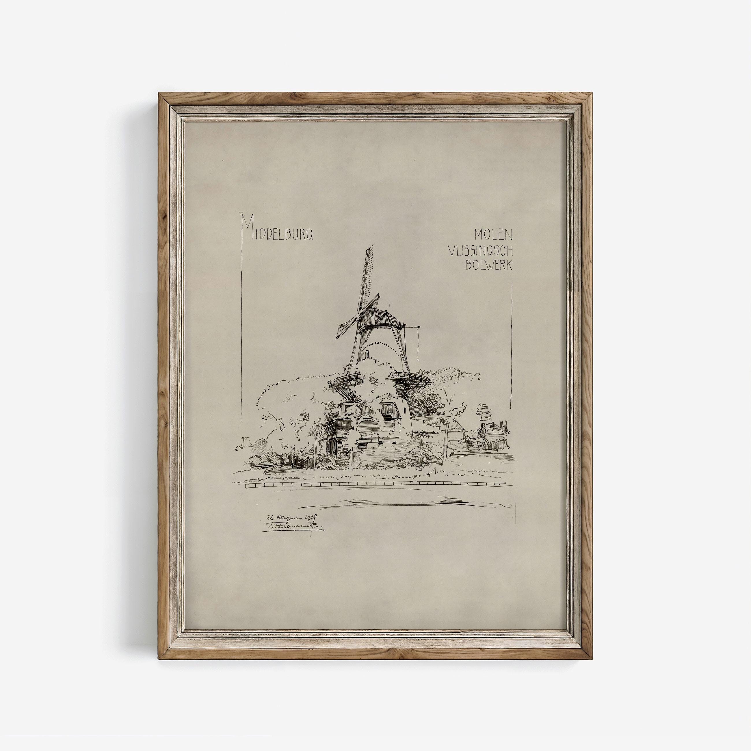 Antique Dutch Windmill Sketch Ink Print: Rustic Medieval