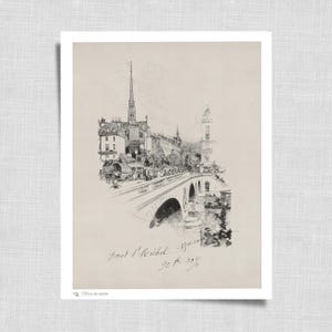 Boceto de arquitectura parisina francesa / Dibujo a tinta vintage para pared / Impresión de paisaje urbano estilo cottagecore / Arte europeo / 142