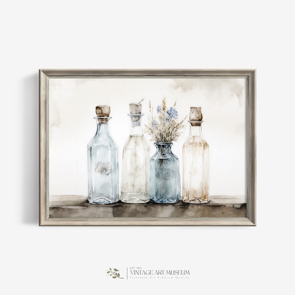 Vintage Glass Bottles Still Life Art Moody Print for Kitchen Wall Decor - Antique Painting, Country Farmhouse and Light Academia Art | 532