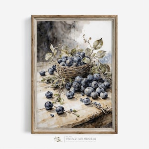 Vintage Blueberry Branch Still Life Watercolor | Muted Berries Print Downloadable Kitchen Wall Art | French Country Cottagecore Decor | 04